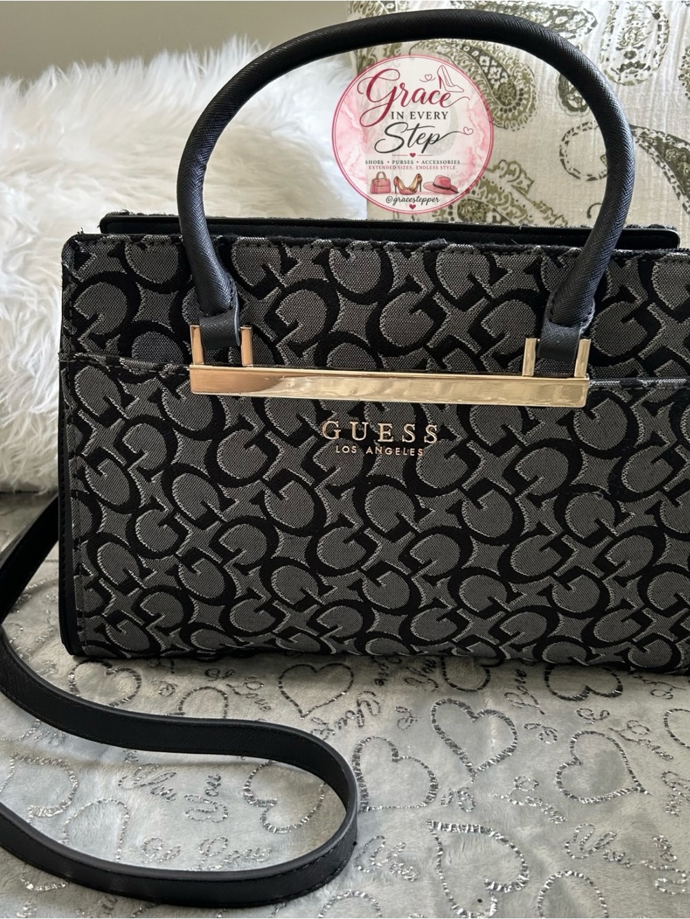 NWT GUESS Black & Gray Medium Logo Marva Jacquard Satchel with Gold Accent